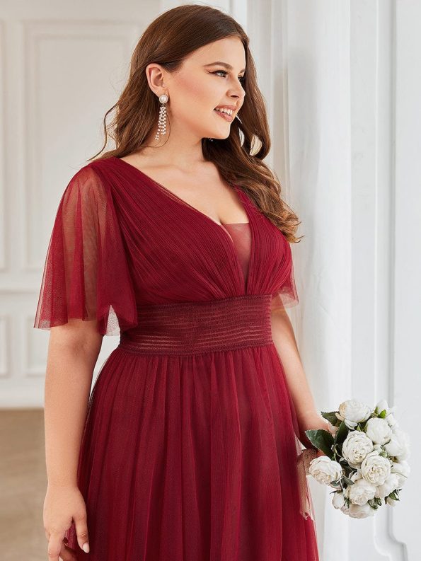 Pleated A-Line Short Sleeve Wide Waist Tulle Bridesmaid Dress - Burgundy