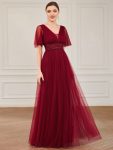 Pleated A-Line Short Sleeve Wide Waist Tulle Bridesmaid Dress – Burgundy