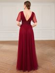 Pleated A-Line Short Sleeve Wide Waist Tulle Bridesmaid Dress – Burgundy