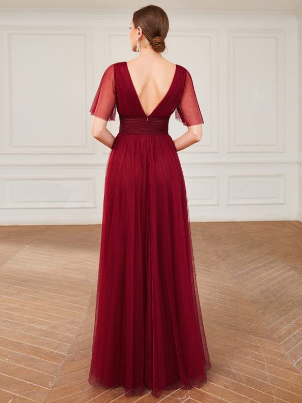 Pleated A-Line Short Sleeve Wide Waist Tulle Bridesmaid Dress - Burgundy