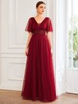 Pleated A-Line Short Sleeve Wide Waist Tulle Bridesmaid Dress – Burgundy