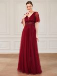 Pleated A-Line Short Sleeve Wide Waist Tulle Bridesmaid Dress – Burgundy