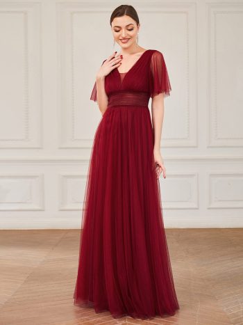 Pleated A-Line Short Sleeve Wide Waist Tulle Bridesmaid Dress - Burgundy