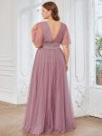 Pleated A-Line Short Sleeve Wide Waist Tulle Bridesmaid Dress – Purple Orchid