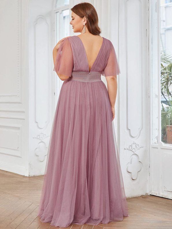 Pleated A-Line Short Sleeve Wide Waist Tulle Bridesmaid Dress - Purple Orchid