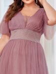 Pleated A-Line Short Sleeve Wide Waist Tulle Bridesmaid Dress – Purple Orchid