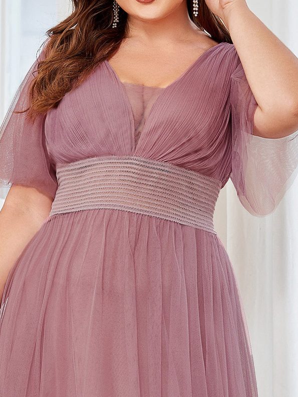 Pleated A-Line Short Sleeve Wide Waist Tulle Bridesmaid Dress - Purple Orchid