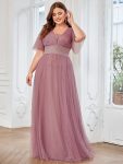 Pleated A-Line Short Sleeve Wide Waist Tulle Bridesmaid Dress – Purple Orchid