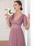 Pleated A-Line Short Sleeve Wide Waist Tulle Bridesmaid Dress – Purple Orchid