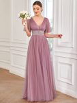 Pleated A-Line Short Sleeve Wide Waist Tulle Bridesmaid Dress - Purple Orchid