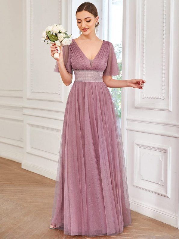 Pleated A-Line Short Sleeve Wide Waist Tulle Bridesmaid Dress - Purple Orchid