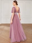 Pleated A-Line Short Sleeve Wide Waist Tulle Bridesmaid Dress – Purple Orchid