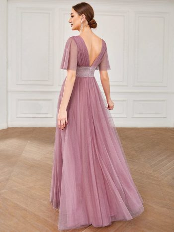 Pleated A-Line Short Sleeve Wide Waist Tulle Bridesmaid Dress - Purple Orchid