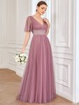 Pleated A-Line Short Sleeve Wide Waist Tulle Bridesmaid Dress – Purple Orchid