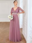 Pleated A-Line Short Sleeve Wide Waist Tulle Bridesmaid Dress – Purple Orchid