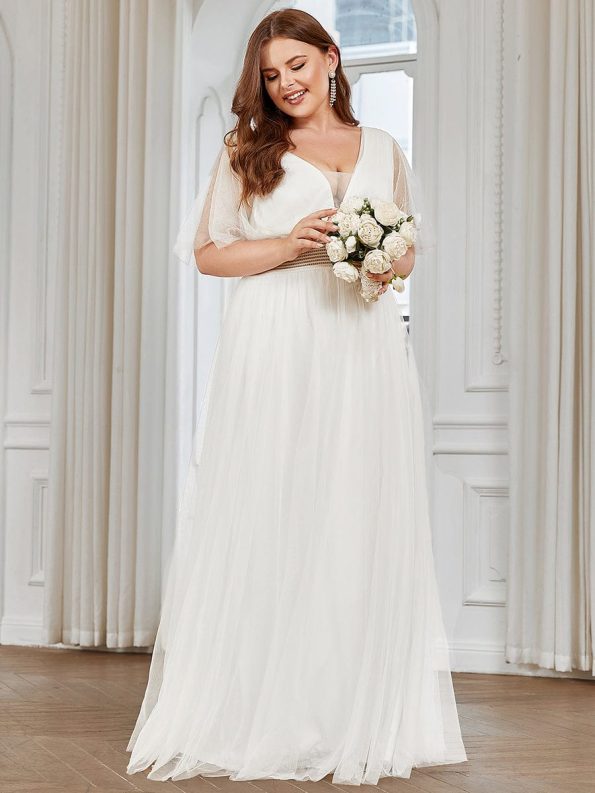 Pleated A-Line Short Sleeve Wide Waist Tulle Bridesmaid Dress - White