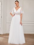 Pleated A-Line Short Sleeve Wide Waist Tulle Bridesmaid Dress - White