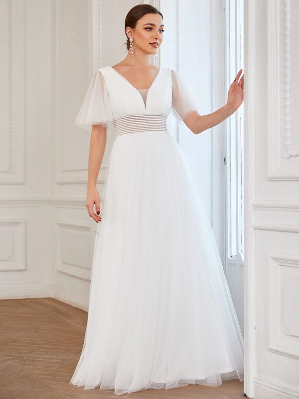 Pleated A-Line Short Sleeve Wide Waist Tulle Bridesmaid Dress - White