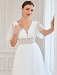 Pleated A-Line Short Sleeve Wide Waist Tulle Bridesmaid Dress – White