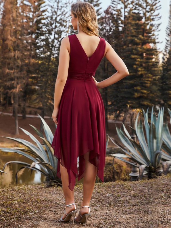 Chiffon Double V-Neck A Line Bridesmaid Dress with Asymmetrical Hem - Burgundy