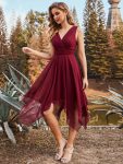 Chiffon Double V-Neck A Line Bridesmaid Dress with Asymmetrical Hem – Burgundy