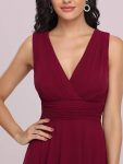 V Neck Ruched Asymmetrical Hems Midi Chiffon Bridesmaid Dress – Burgundy