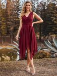 V Neck Ruched Asymmetrical Hems Midi Chiffon Bridesmaid Dress – Burgundy