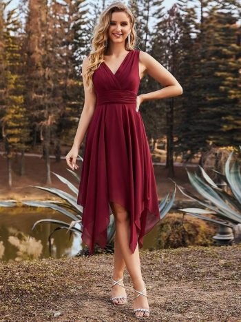 V Neck Ruched Asymmetrical Hems Midi Chiffon Bridesmaid Dress - Burgundy