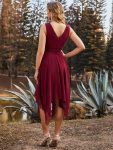 V Neck Ruched Asymmetrical Hems Midi Chiffon Bridesmaid Dress – Burgundy