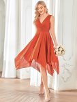 V Neck Ruched Asymmetrical Hems Midi Chiffon Bridesmaid Dress – Burnt Orange