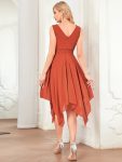 V Neck Ruched Asymmetrical Hems Midi Chiffon Bridesmaid Dress – Burnt Orange