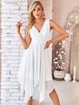 V Neck Ruched Asymmetrical Hems Midi Chiffon Bridesmaid Dress - Cream