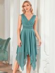 Chiffon Double V-Neck A Line Bridesmaid Dress with Asymmetrical Hem – Dusty Blue