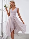 V Neck Ruched Asymmetrical Hems Midi Chiffon Bridesmaid Dress – Lilac