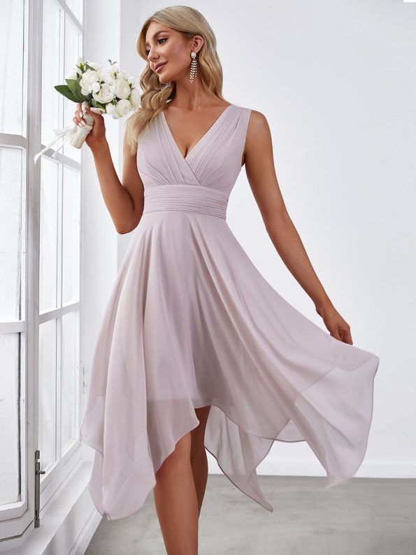 V Neck Ruched Asymmetrical Hems Midi Chiffon Bridesmaid Dress - Lilac