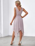 V Neck Ruched Asymmetrical Hems Midi Chiffon Bridesmaid Dress – Lilac