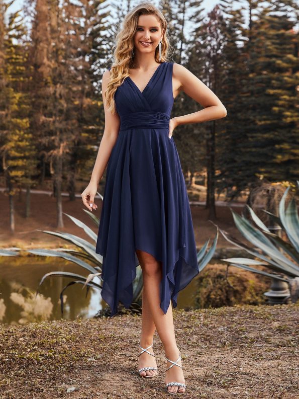 Chiffon Double V-Neck A Line Bridesmaid Dress with Asymmetrical Hem - Navy Blue