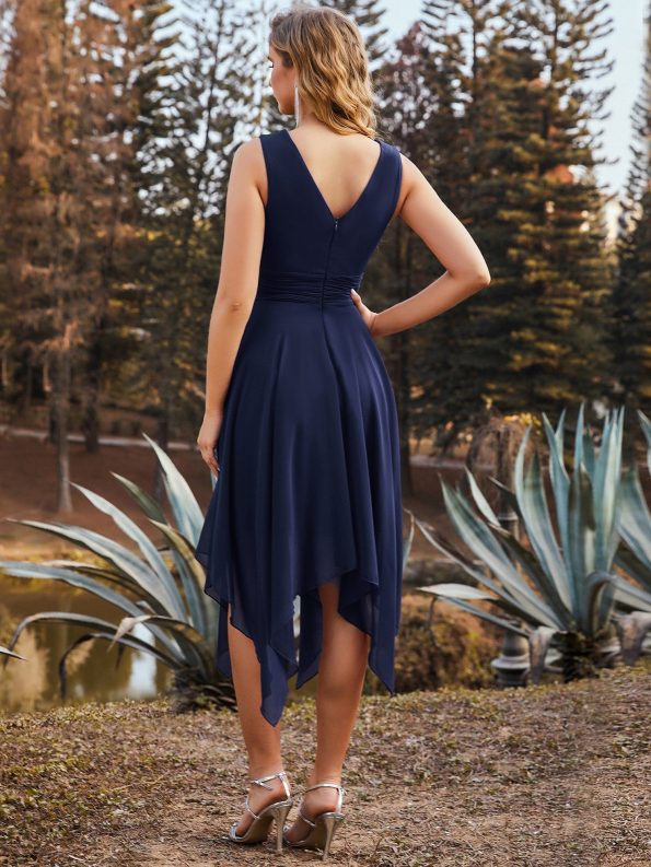 Chiffon Double V-Neck A Line Bridesmaid Dress with Asymmetrical Hem - Navy Blue