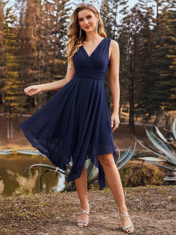 Chiffon Double V-Neck A Line Bridesmaid Dress with Asymmetrical Hem - Navy Blue