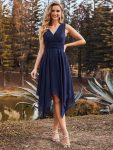 V Neck Ruched Asymmetrical Hems Midi Chiffon Bridesmaid Dress – Navy Blue