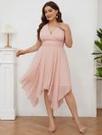 V Neck Ruched Asymmetrical Hems Midi Chiffon Bridesmaid Dress – Pink