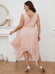 V Neck Ruched Asymmetrical Hems Midi Chiffon Bridesmaid Dress – Pink