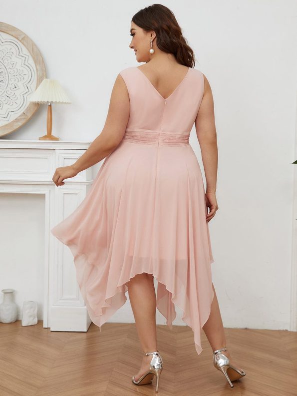 V Neck Ruched Asymmetrical Hems Midi Chiffon Bridesmaid Dress - Pink