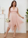 V Neck Ruched Asymmetrical Hems Midi Chiffon Bridesmaid Dress – Pink