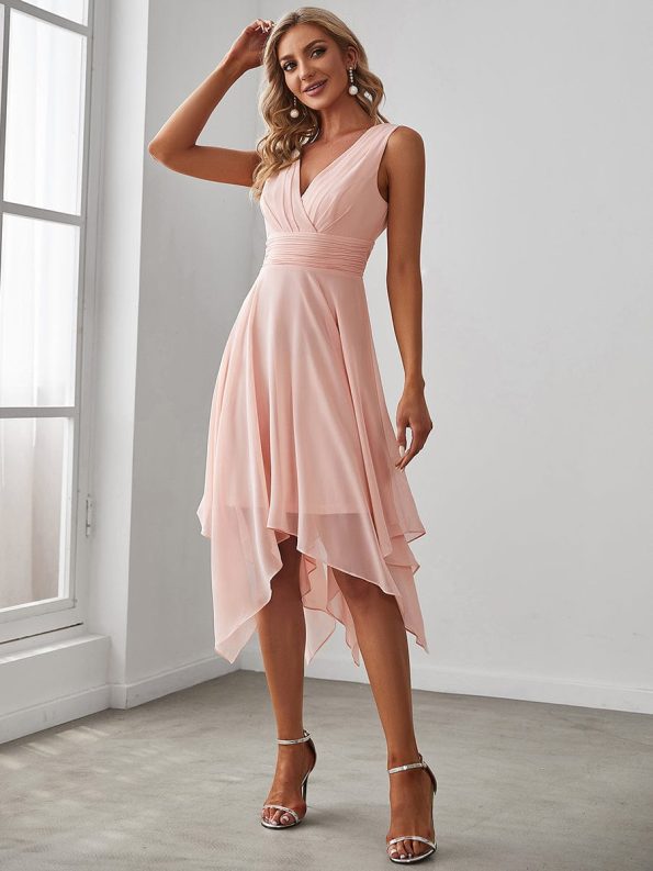 V Neck Ruched Asymmetrical Hems Midi Chiffon Bridesmaid Dress - Pink