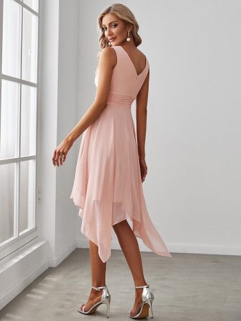 Chiffon Double V-Neck A Line Bridesmaid Dress with Asymmetrical Hem - Pink