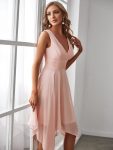 V Neck Ruched Asymmetrical Hems Midi Chiffon Bridesmaid Dress – Pink