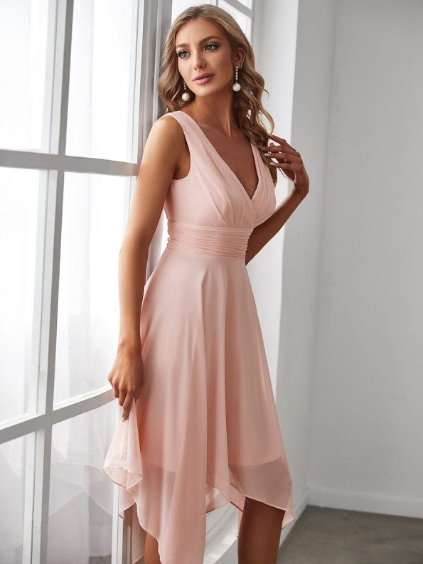 V Neck Ruched Asymmetrical Hems Midi Chiffon Bridesmaid Dress - Pink