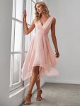 V Neck Ruched Asymmetrical Hems Midi Chiffon Bridesmaid Dress – Pink