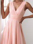 V Neck Ruched Asymmetrical Hems Midi Chiffon Bridesmaid Dress – Pink